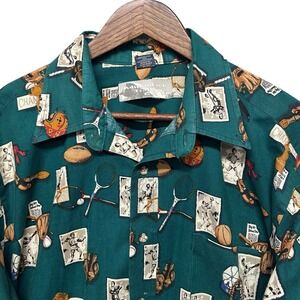 Vintage Sports Shirt Mens SZ XL AOP Photo Print Button Up Long Sleeve‎ 70s Retro